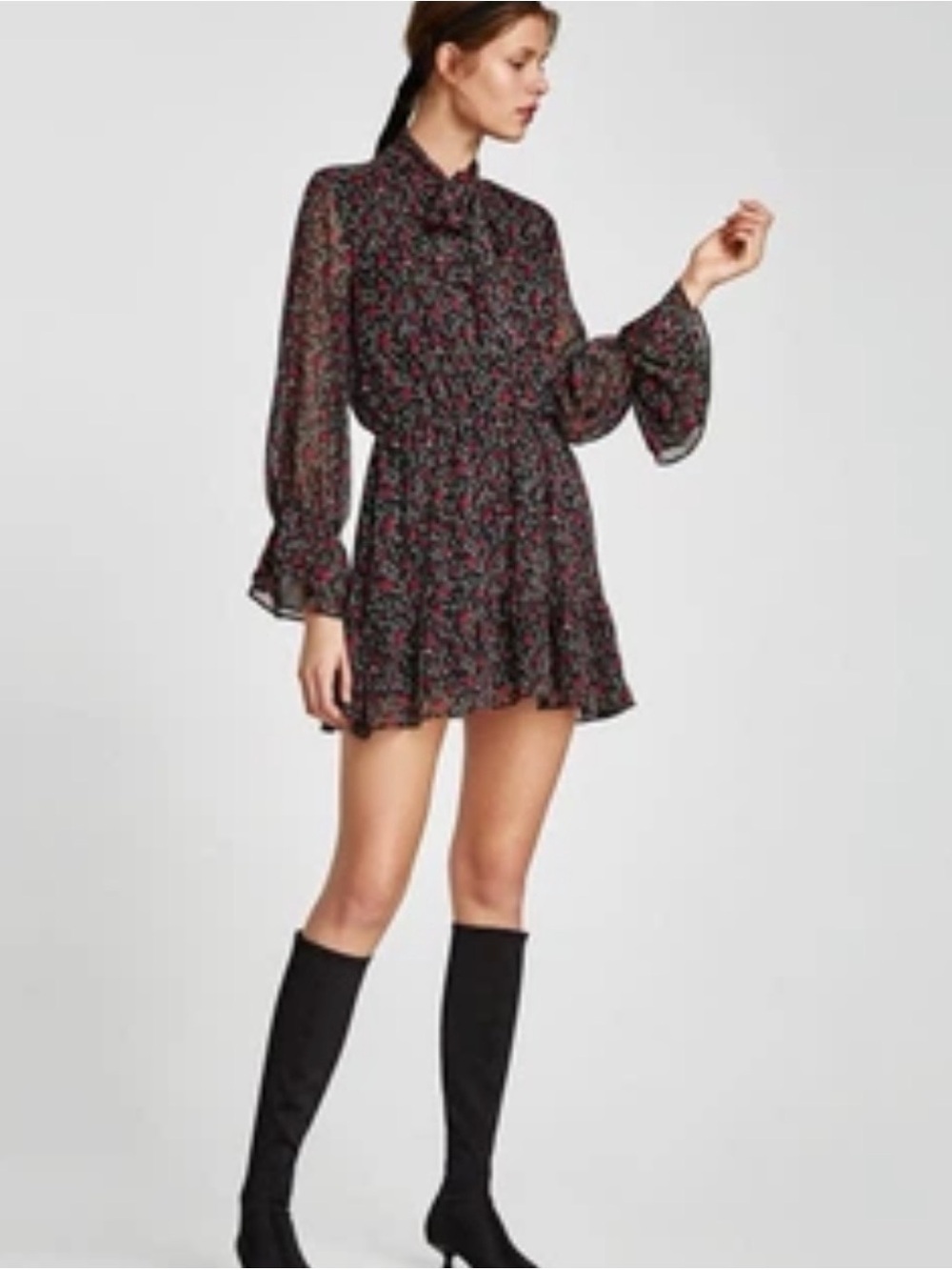 Zara black floral romantic chiffon mini dress